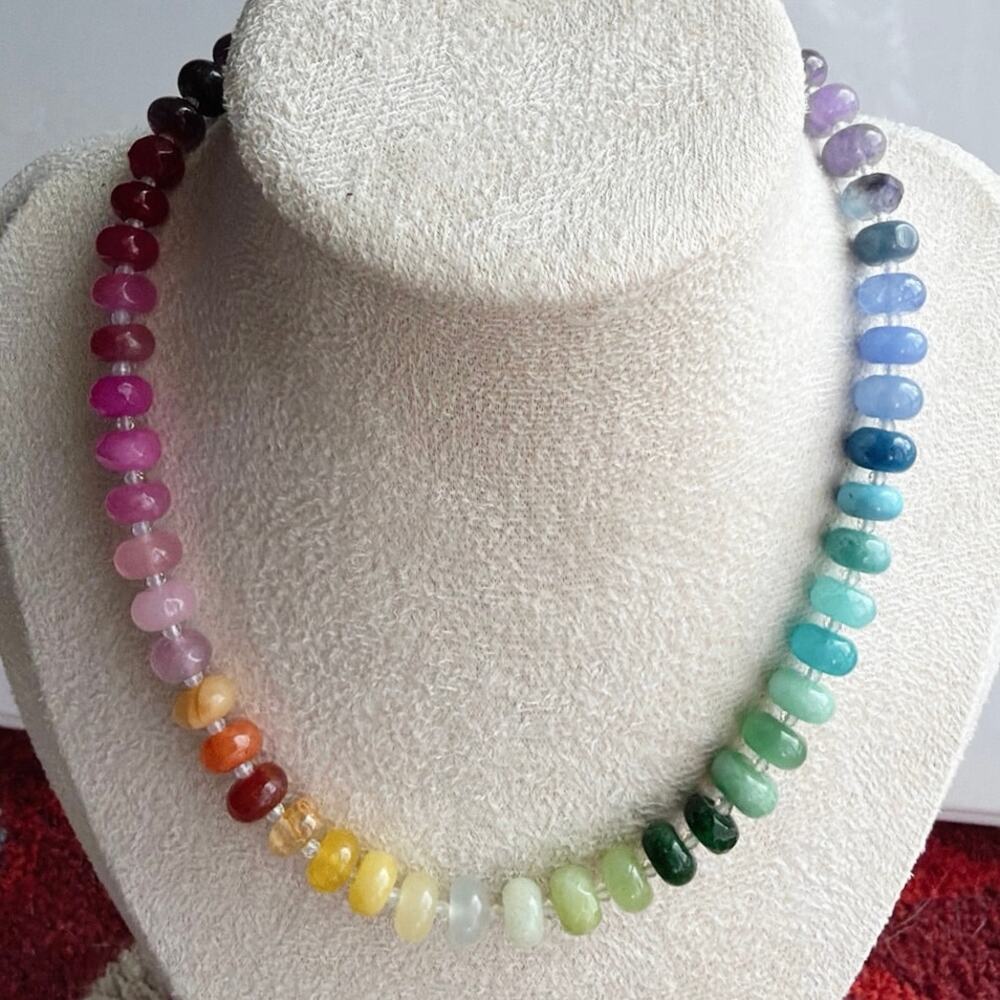 Ombre Rainbow Gemstone Necklace, Semi-Precious, Silver Tone Hardware, Almost 15"
